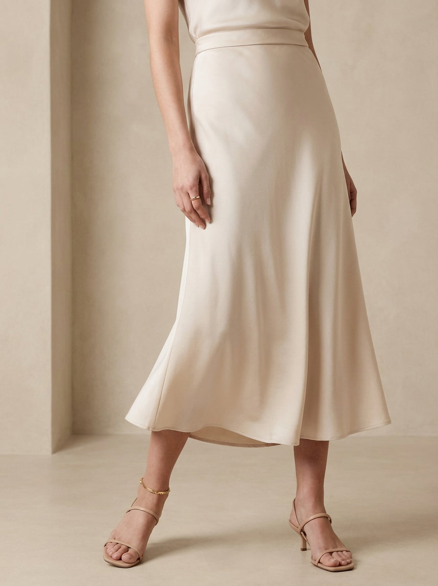 Falda midi drapeada de cintura alta lisa