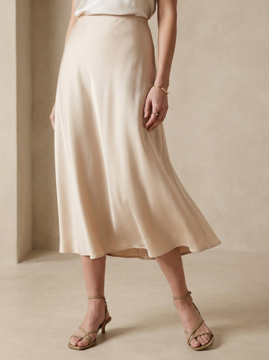 Falda midi drapeada de cintura alta lisa