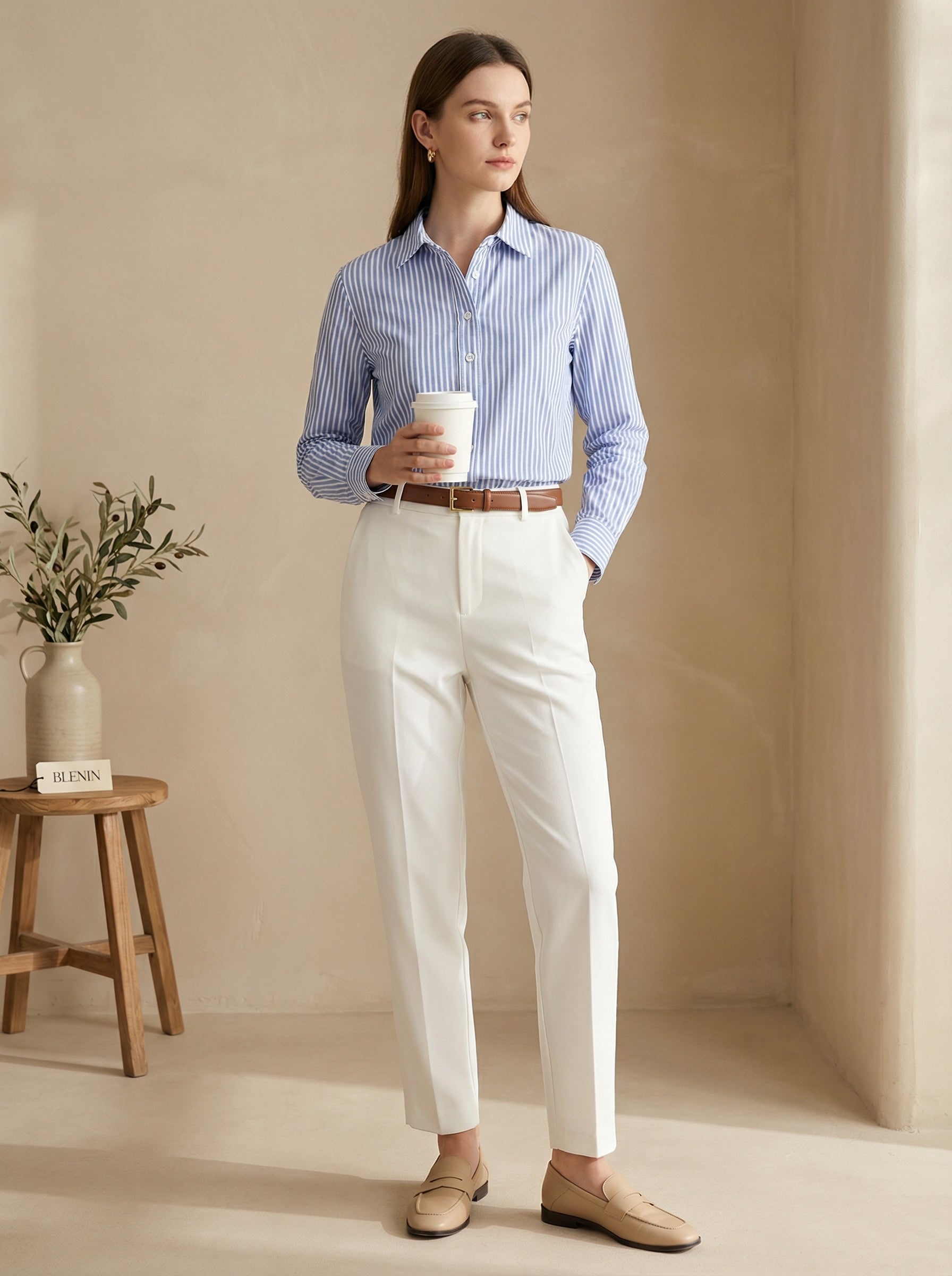 Camisa de algodón a rayas con botones al frente